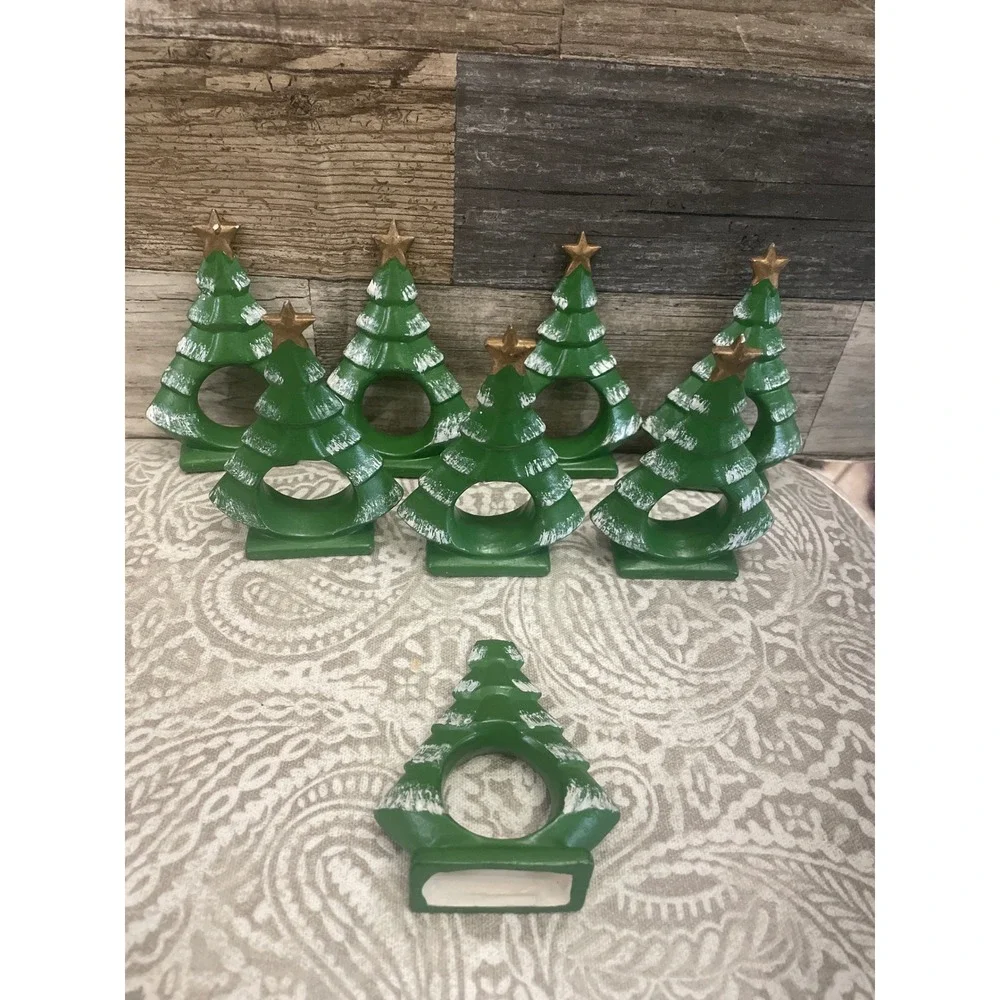 Set of 7 Christmas Tree Napkin Rings Green Ceramic Snow Star Holiday Table Decor
